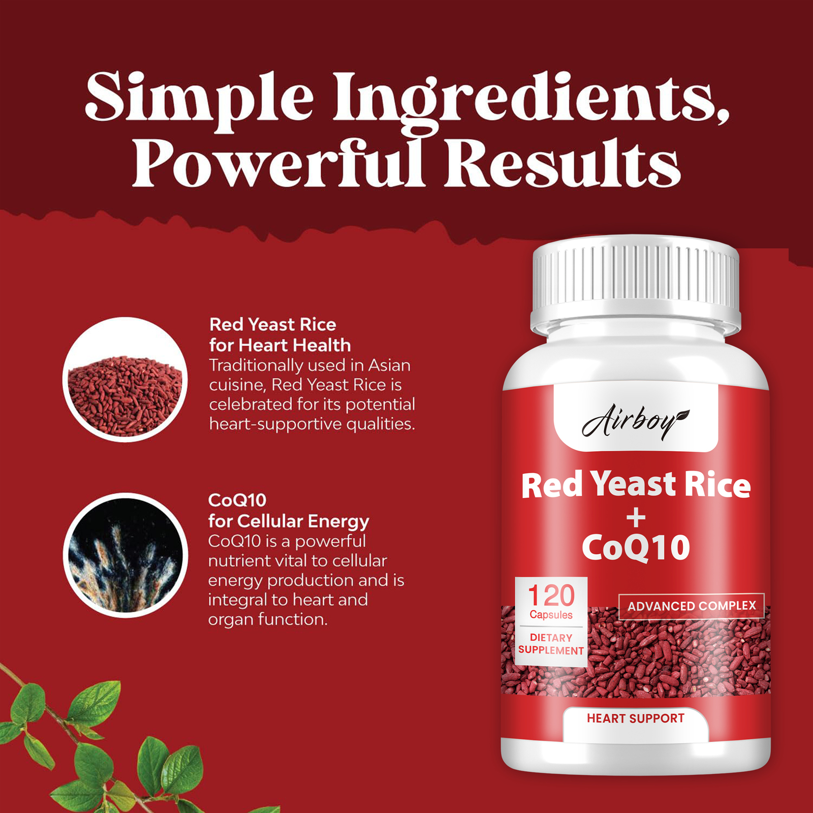 120pcs Red Yeast Rice +CoQ10 -Support Heart & Cardiovascular Health, Antioxidant