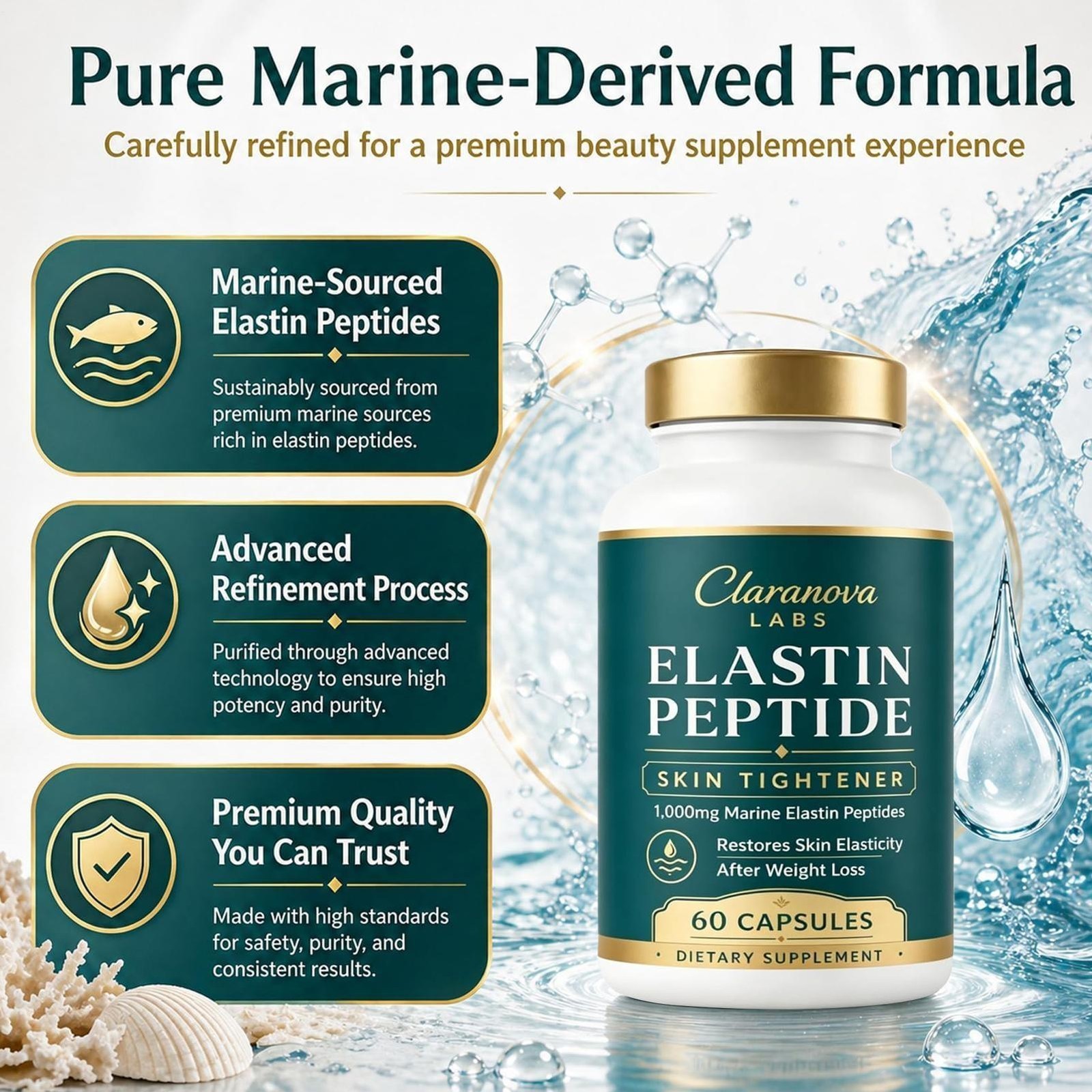 Claranova Labs Marine Elastin Peptides, Elastin Peptide Skin Tightening 60 Ct X3