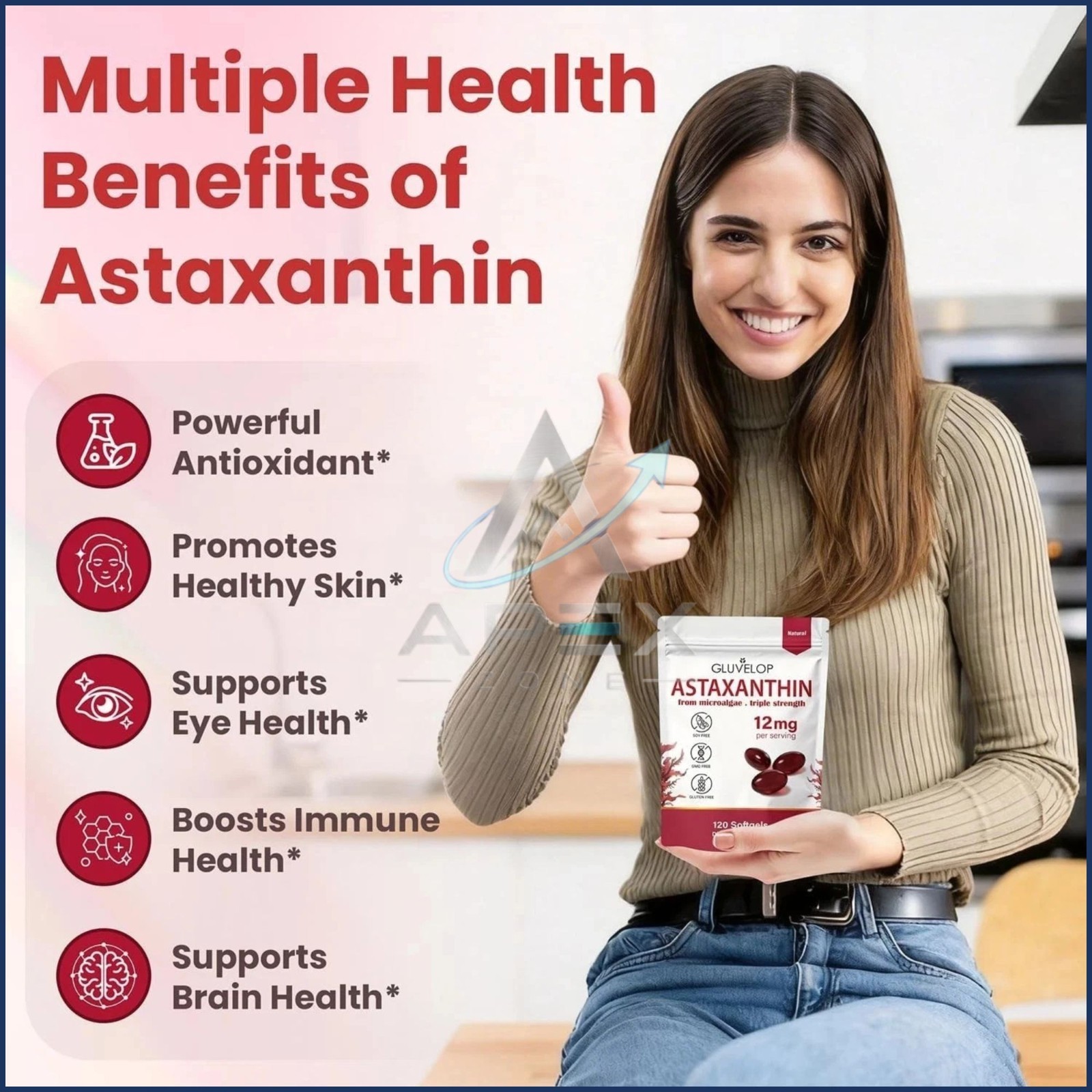 Astaxanthin 12mg 120 Softgels, 4 Month Supply,Triple Strength,Non-GMO,Eye Health