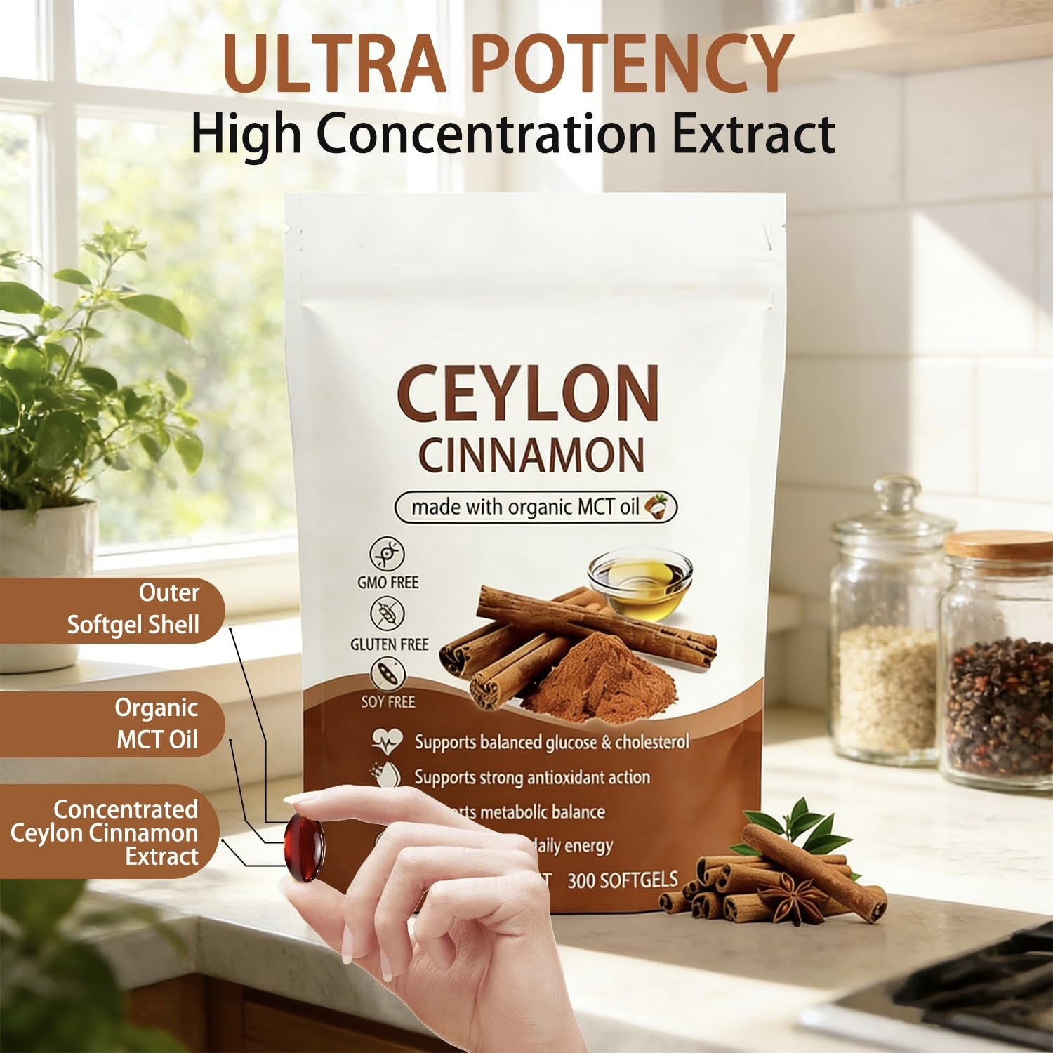 1~5 Bag Ceylon Cinnamon 300 Softgels Made with MCT Oil Daily Supply