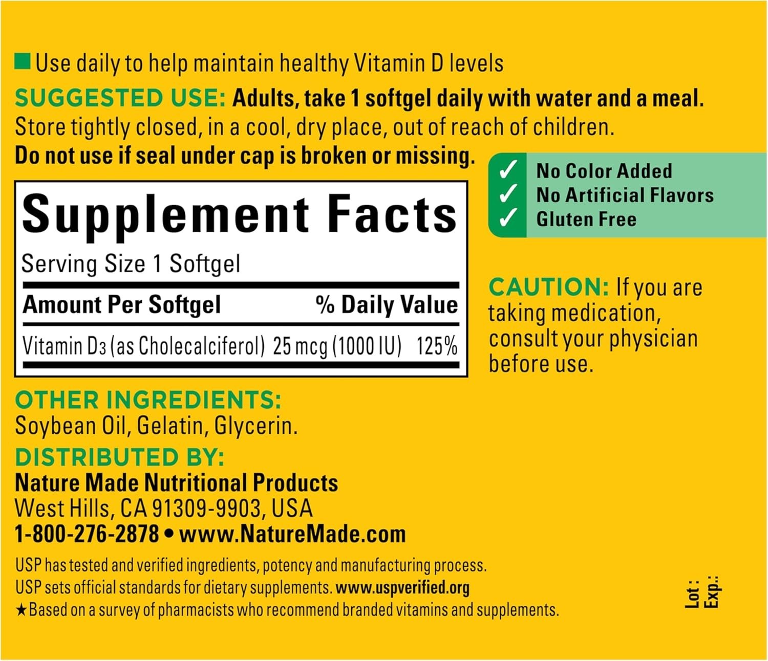 Nature Made Vitamin D3 1000 IU (25 Mcg), Vitamin D Supplement for Bone, Teeth, M