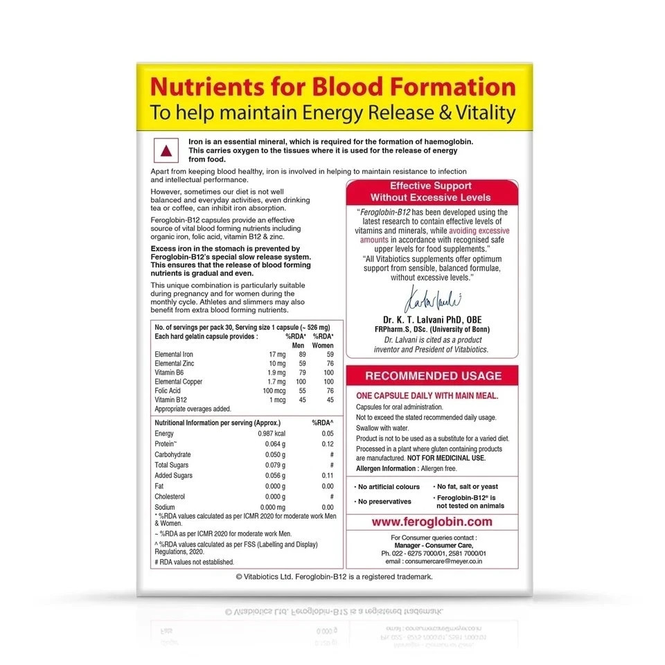 3 x Feroglobin B12 Capsules 30 Iron Folic Acid B6 B12 Zinc Hemoglobin Support