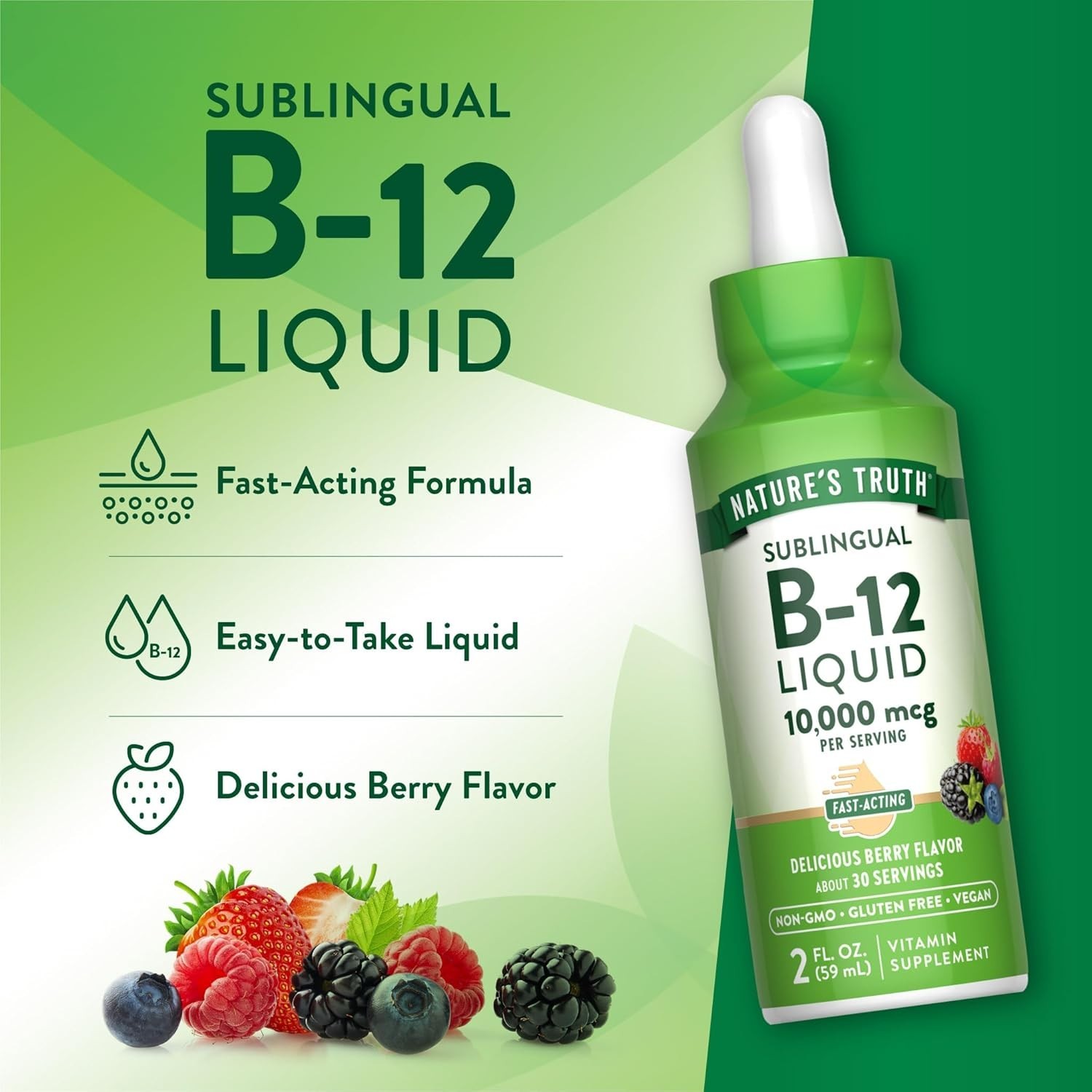 10,000 mcg B12 Sublingual Drops | Fast-Acting & Gluten-Free | Berry Taste