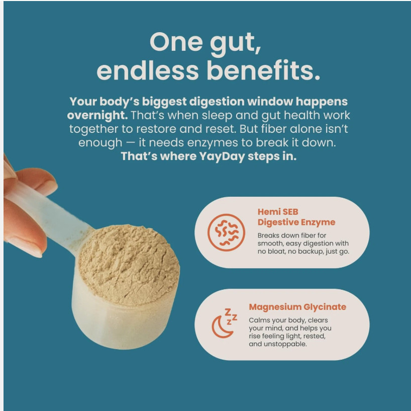 YayDay Nighttime Prebiotic Fiber Powder with Digestive Enzymes Magnesium Gly…