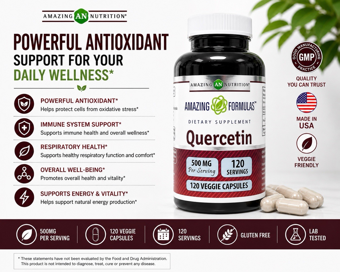 Amazing Formulas Quercetin 500 mg 120 Veggie Capsules Dietary Supplement