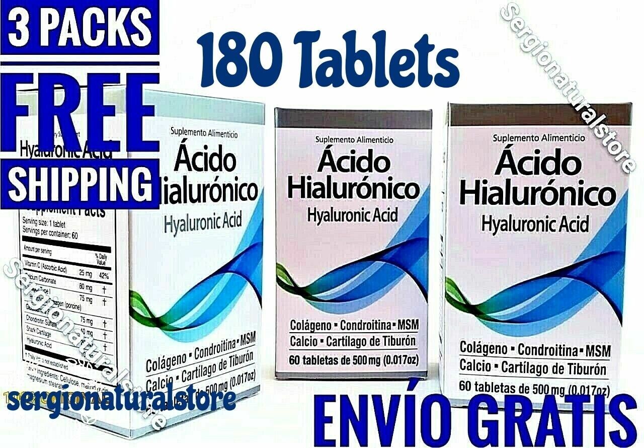 3 Packs ACIDO HIALURONICO 180 Tablets 500 MG. EACH HYALURONIC ACID COLAGENO