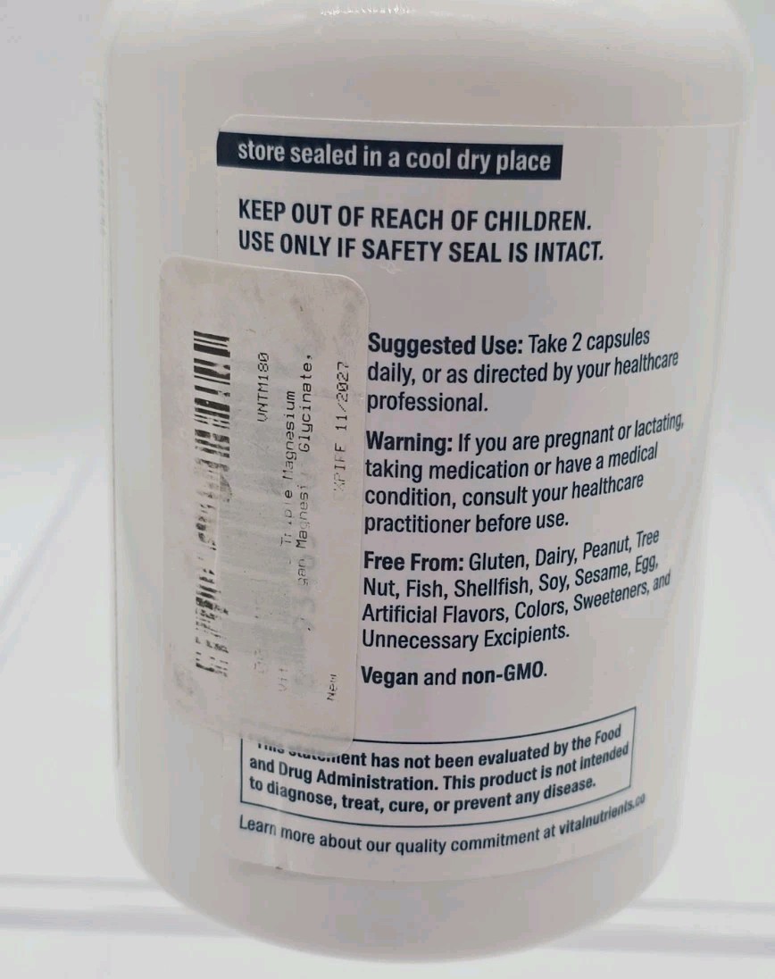Vital Nutrients Triple Magnesium Complex 180 Vegan Capsules 500 mg Exp 11/27