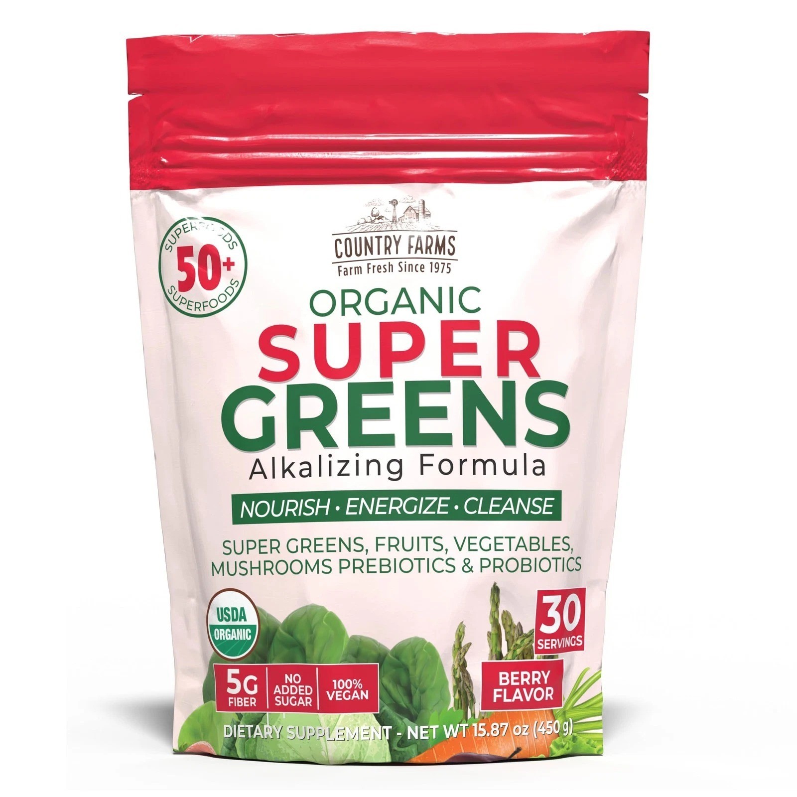 Country Farms Super Greens Berry Flavor, 50 Organic Super Foods, USDA Organic…