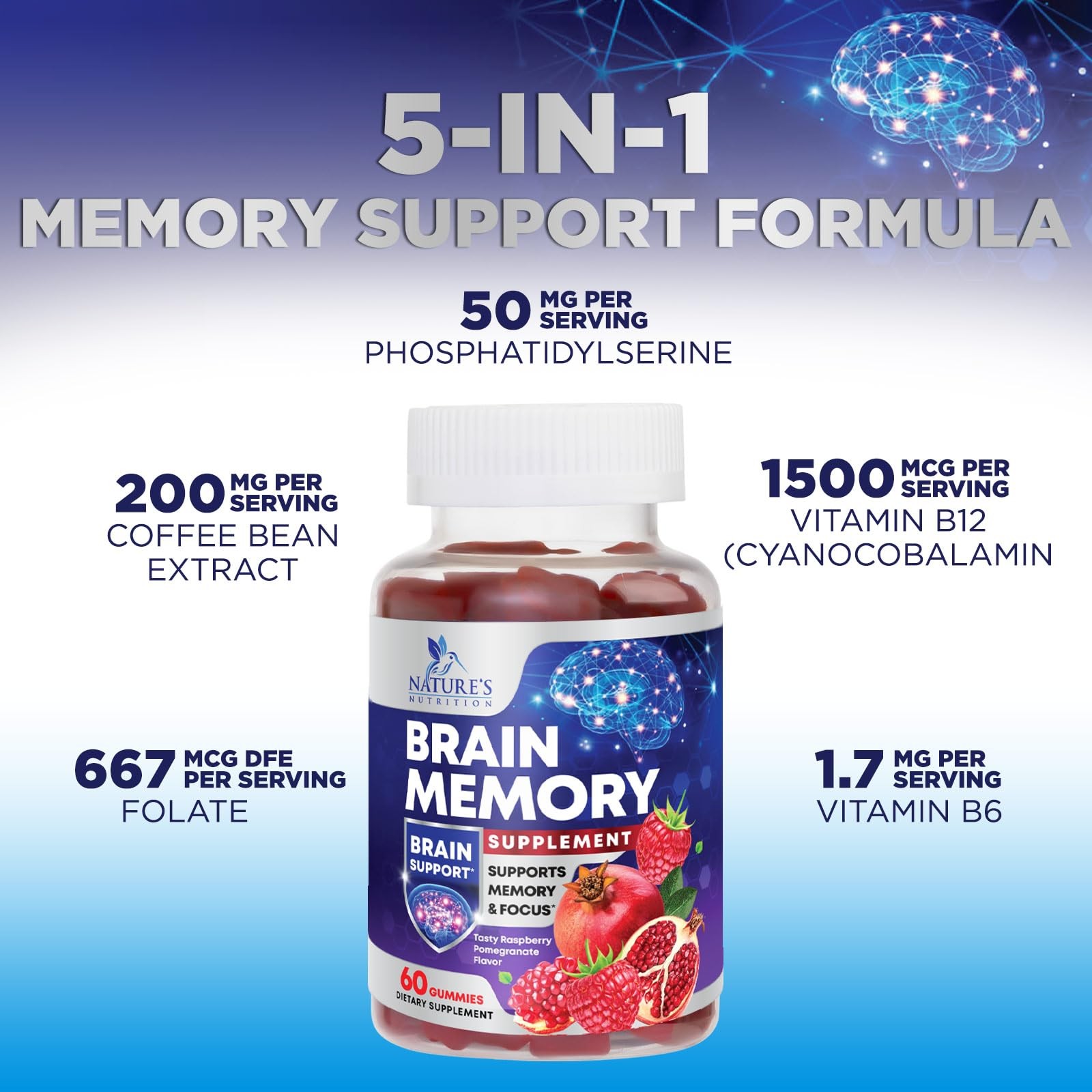 Nature’s Nutrition Brain Gummies Memory Focus 60 Count