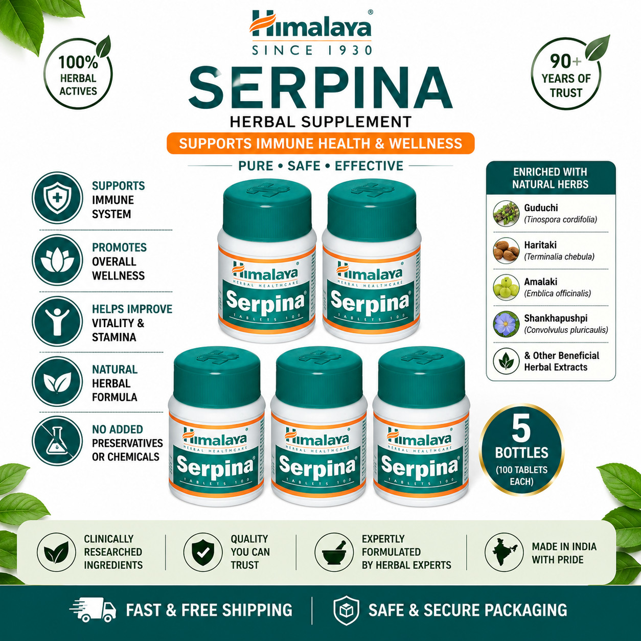 5x Himalaya Serpina 100 Tablets Herbal Supplement Free Fast Shipping