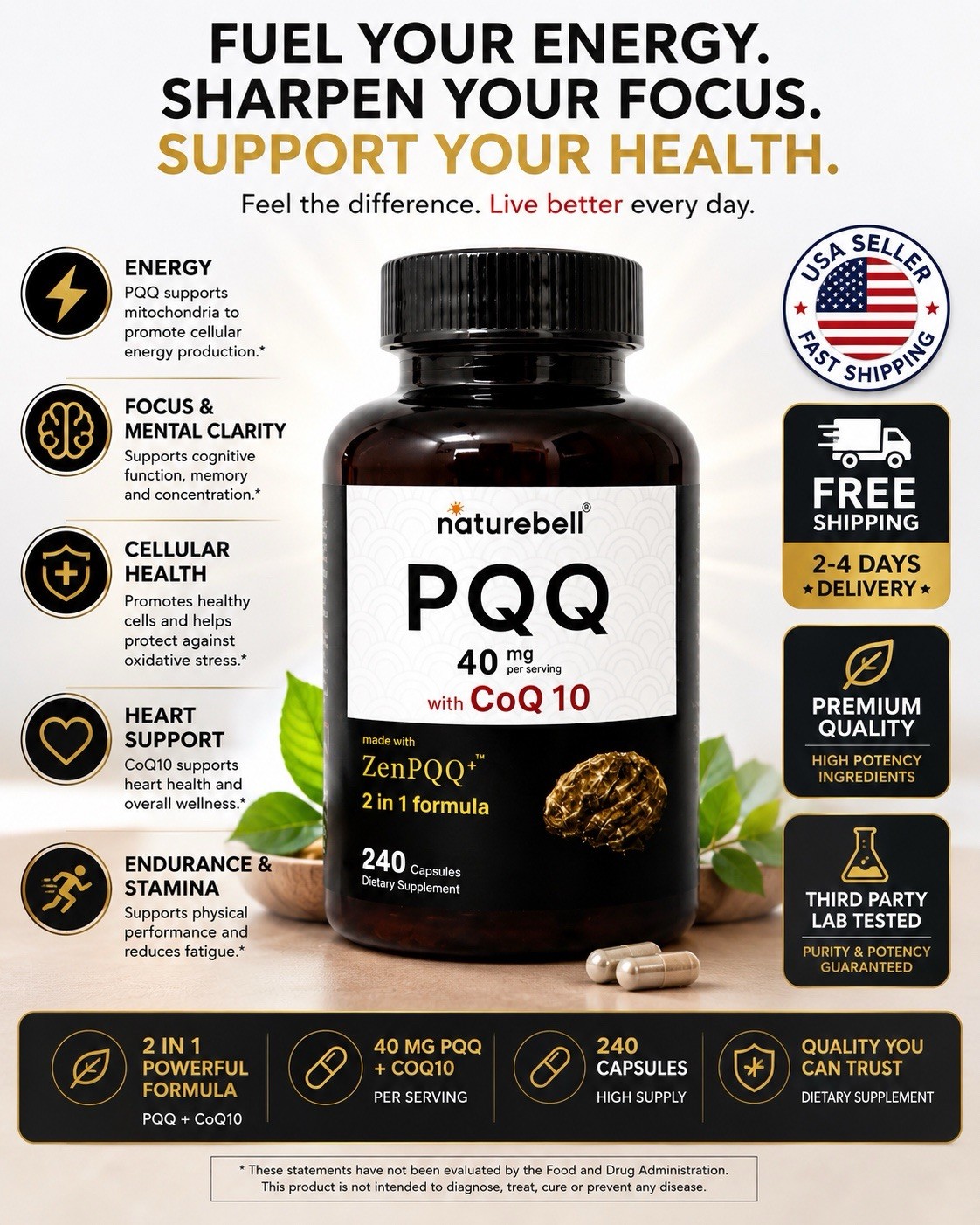 2-Pack NatureBell PQQ 40mg CoQ10 240 Capsules ZenPQQ Energy Focus Support