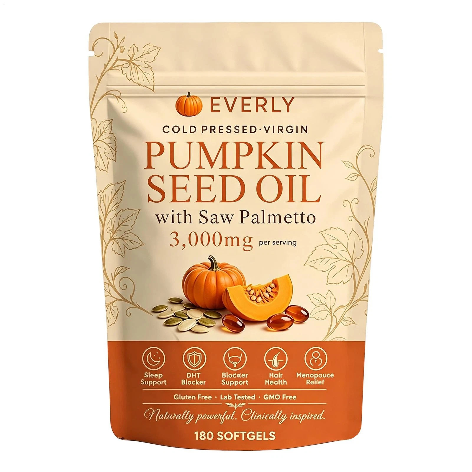 Everly Pumpkin Seed Oil with Saw Palme tto, 180 Softgels, Cold Pressed Pumpkin
