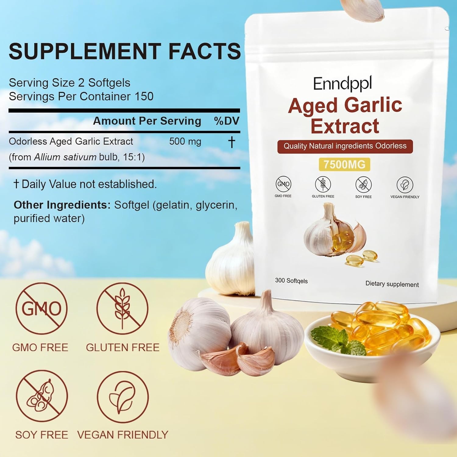 Odorless Garlic 7500mg Per Servings, 300 Softgels | 2 Years Aged Garlic Extra…