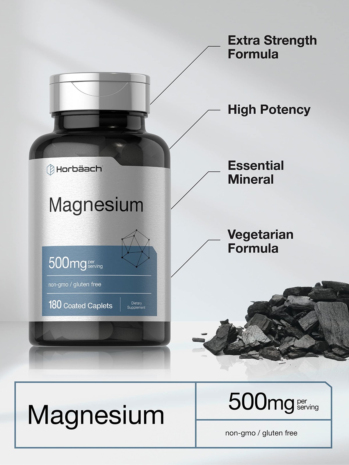 Horbäach Magnesium 500mg | 180 Caplets | Vegetarian, 180 Count (Pack of 1)
