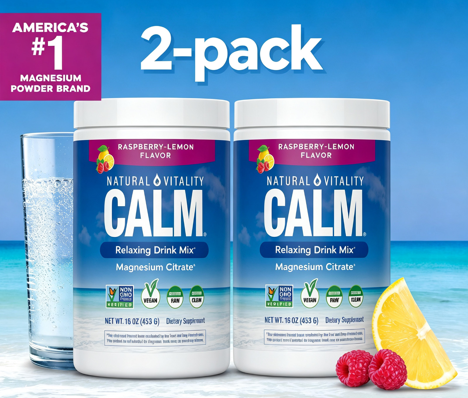 2-Pack Natural Vitality Calm Magnesium Powder – Raspberry Lemon, 16oz Each, Vega