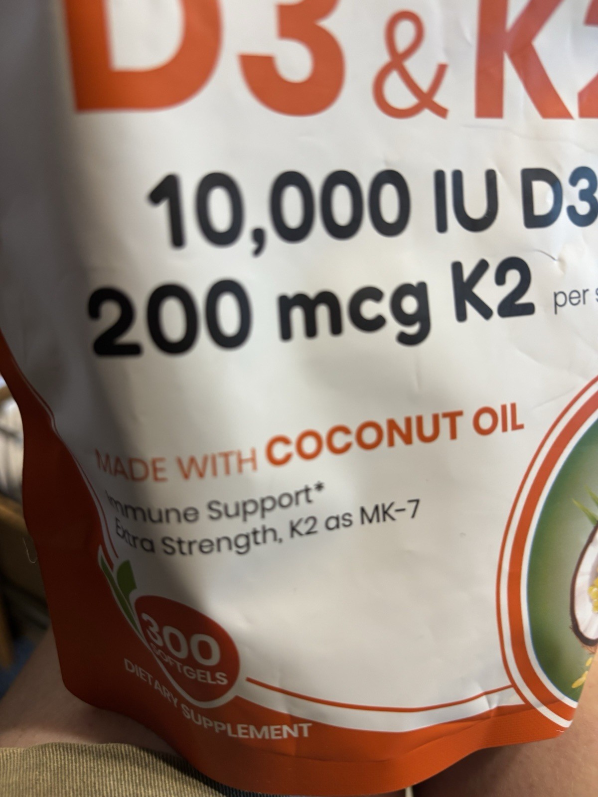 VEV Corefeel Vitamin D3 & K2 10,000 IU, 200 mcg MK-7, 300 Coconut Oil Softgels