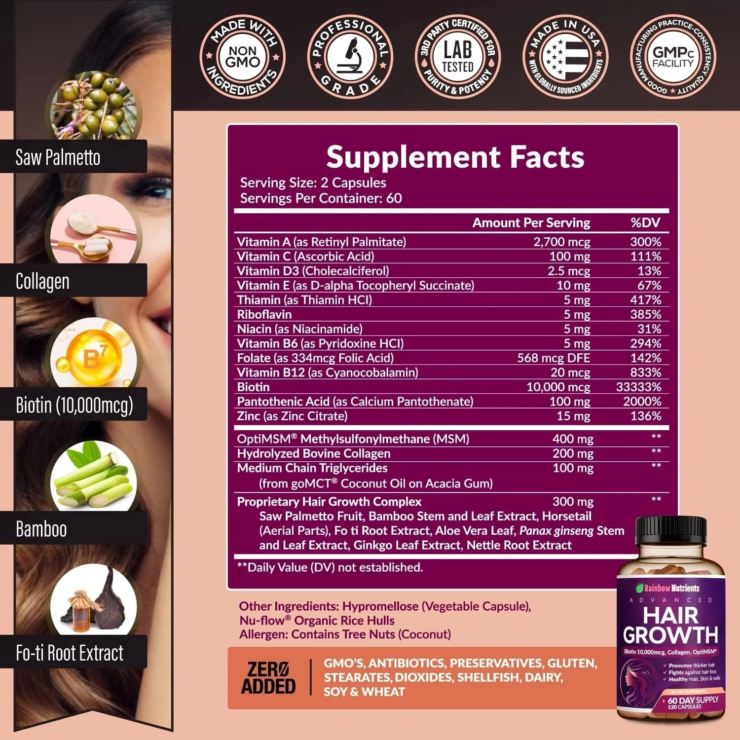 3 PACK NEW Rainbow Nutrients ADVANCED Hair Growth Vitamins – Biotin 10,000mcg