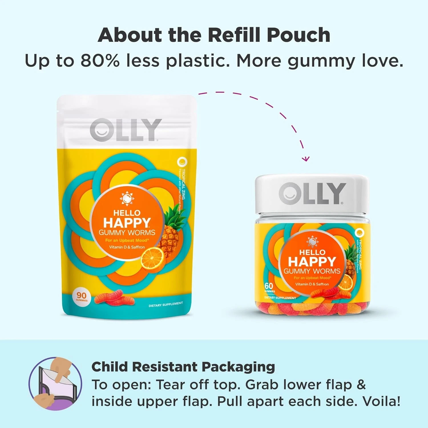 OLLY Hello Happy Gummy Worms, Mood Support, Vitamin D, Saffron, 90 Count 05/2026