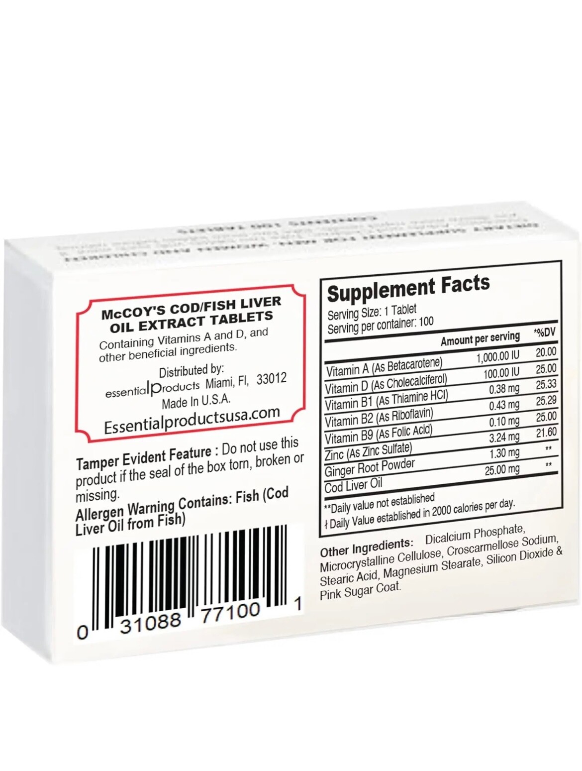 Pastillas Mccoy Cod/Fish Liver Oil Extract. 100 tablet