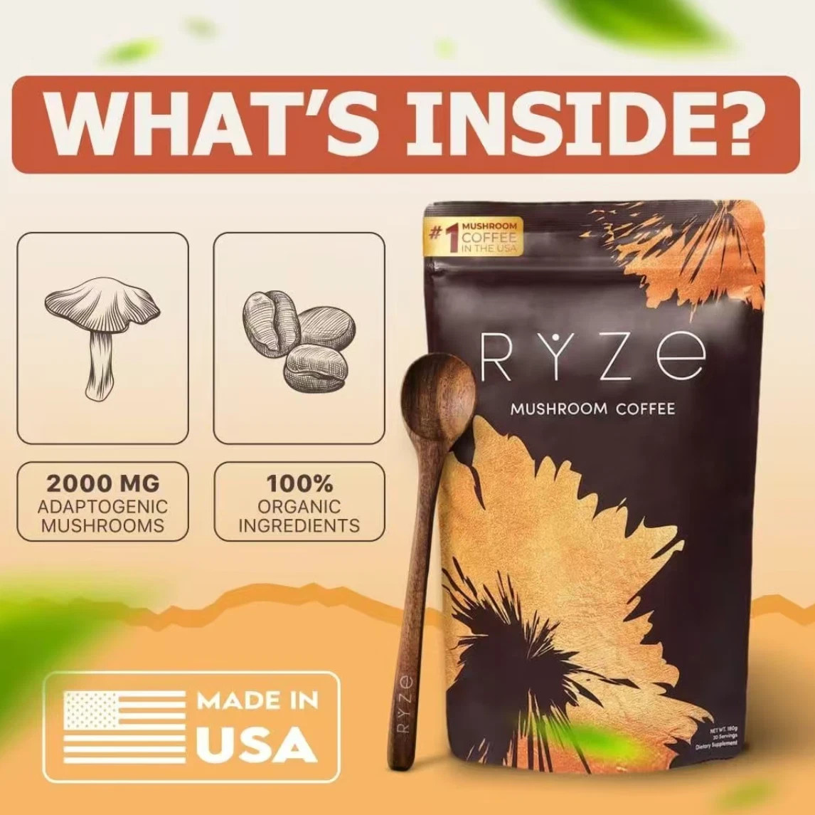 RYZE Mushroom Coffee USDA Organic with 6 Adaptogenic Mushrooms 30 servings New