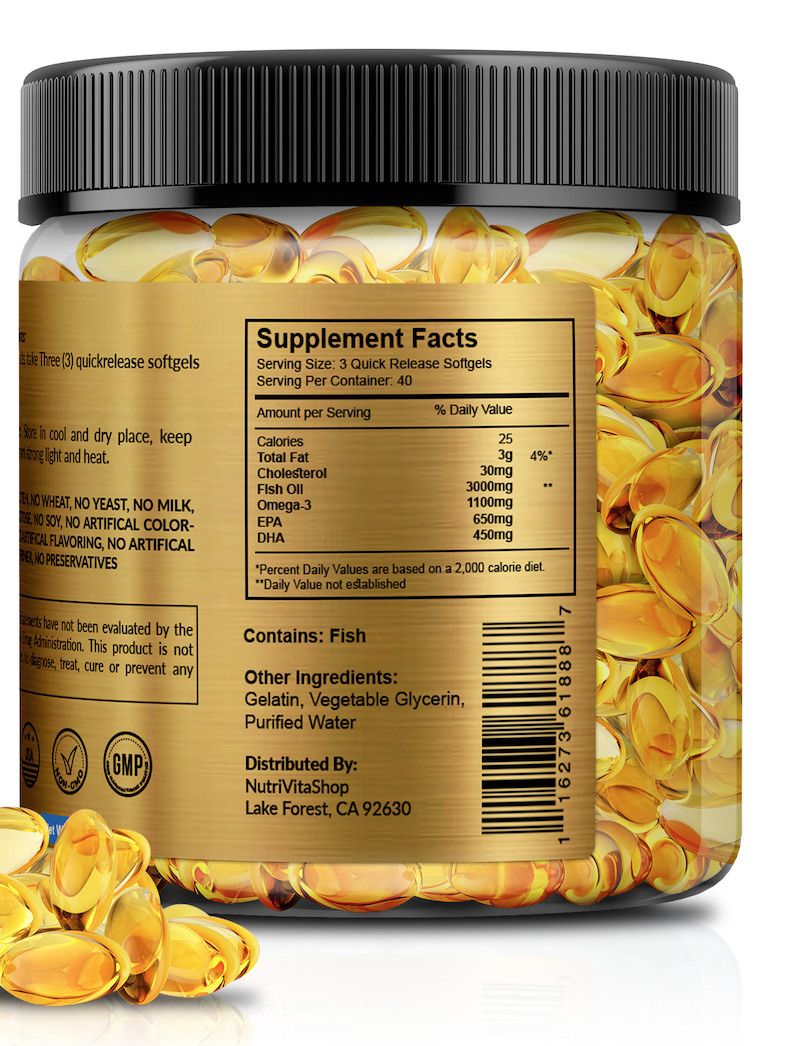 Omega 3 Fish Oil Capsules 3x Strength 3000mg EPA & DHA Softgels USA