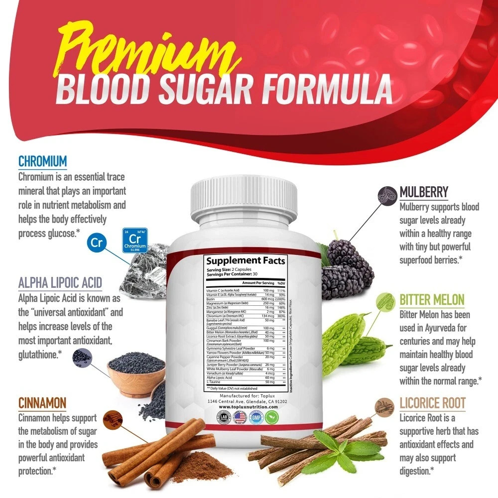 Blood Sugar Support Supplement, Alpha Lipoic Acid Cinnamon 20 Herbs 60 Capsules