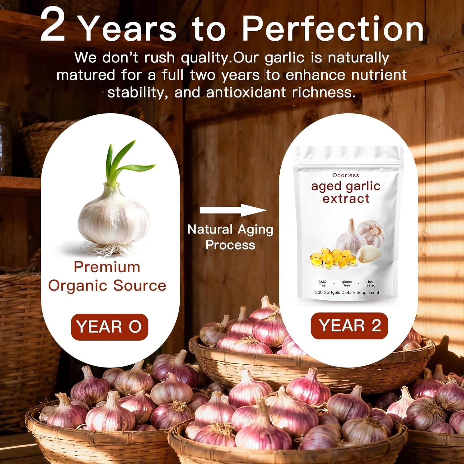 Odorless Garlic 7500mg Per Servings, 300 Softgels | 2 Years Aged Garlic Extra…