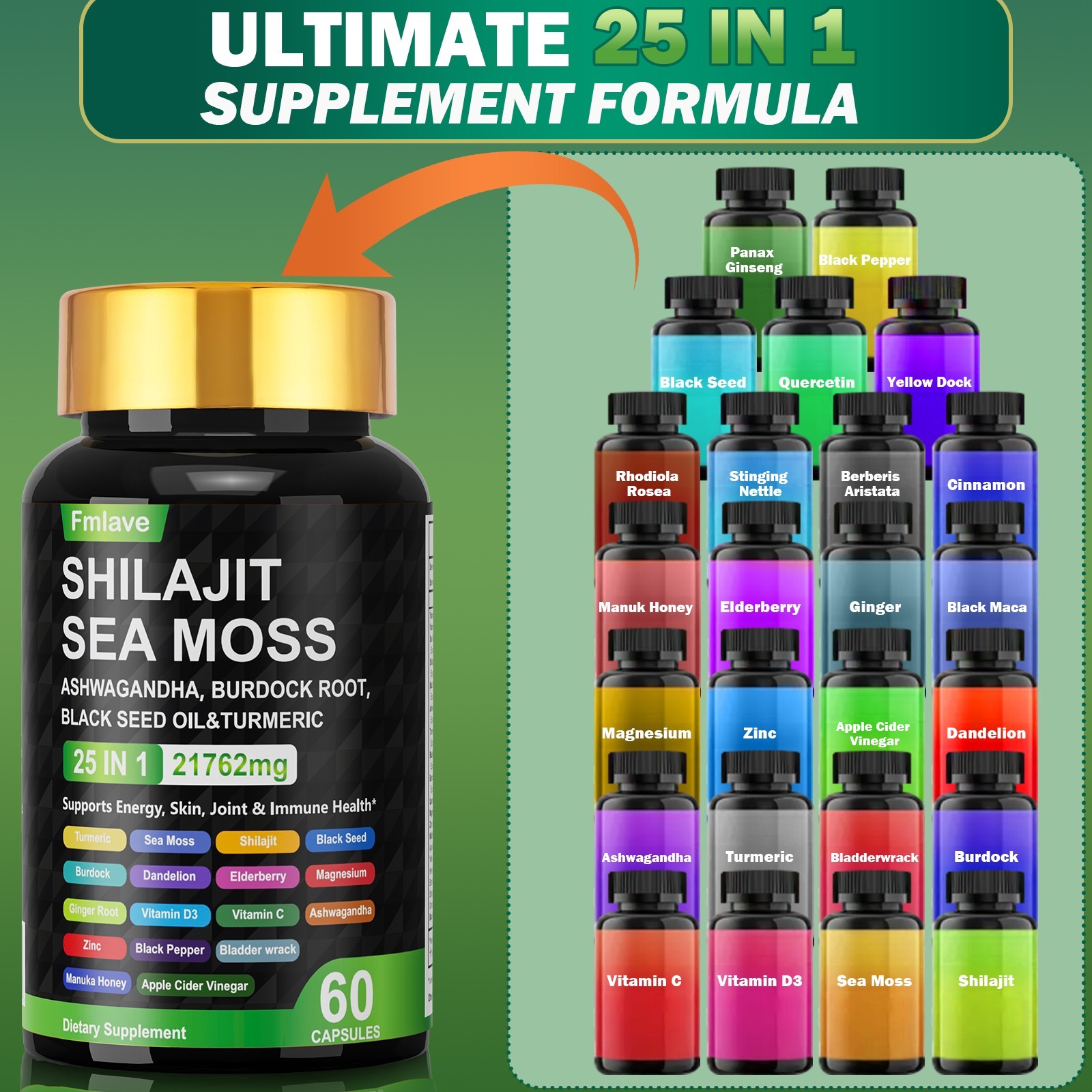Sea Moss, Black Seed Oil, Ashwagandha, Turmeric Ginger Shilajit Burdock 60 caps