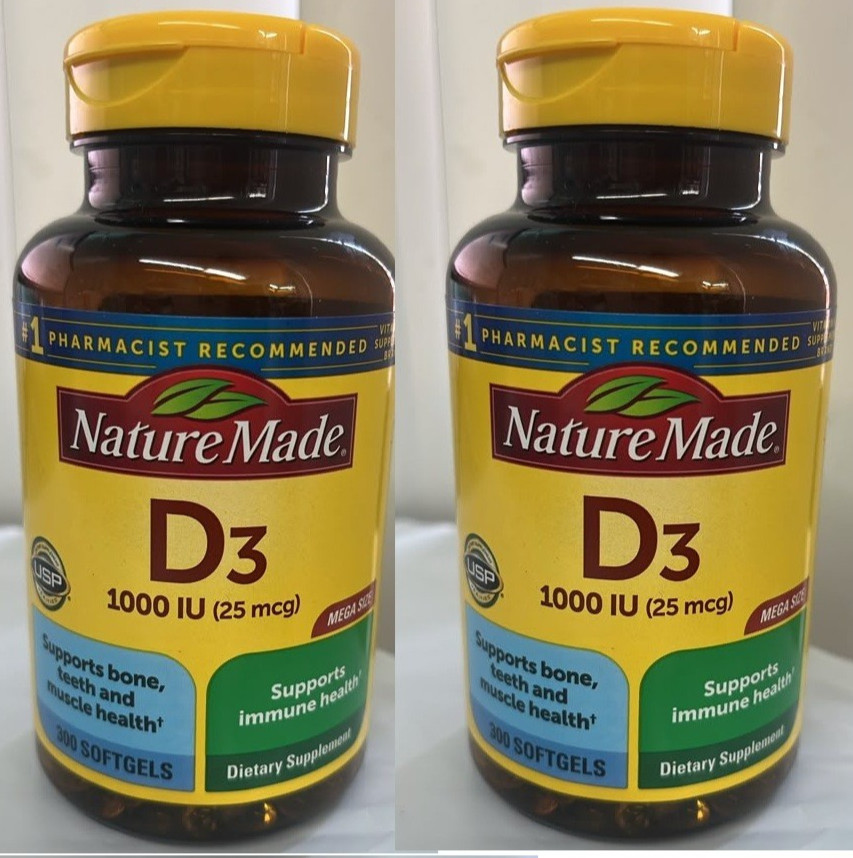 2x Nature Made Vitamin D3 1000 IU (25 mcg) Immune Health 300 Softgels exp 05/28