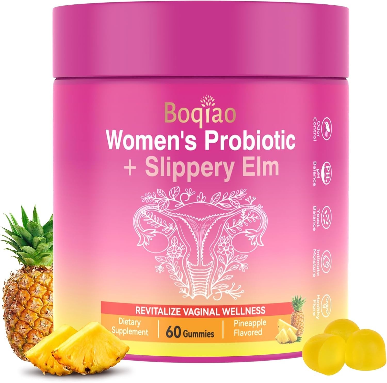 Probiotic Gummies with Slippery Elm Supports Flora Women ph Balance | Pineapple