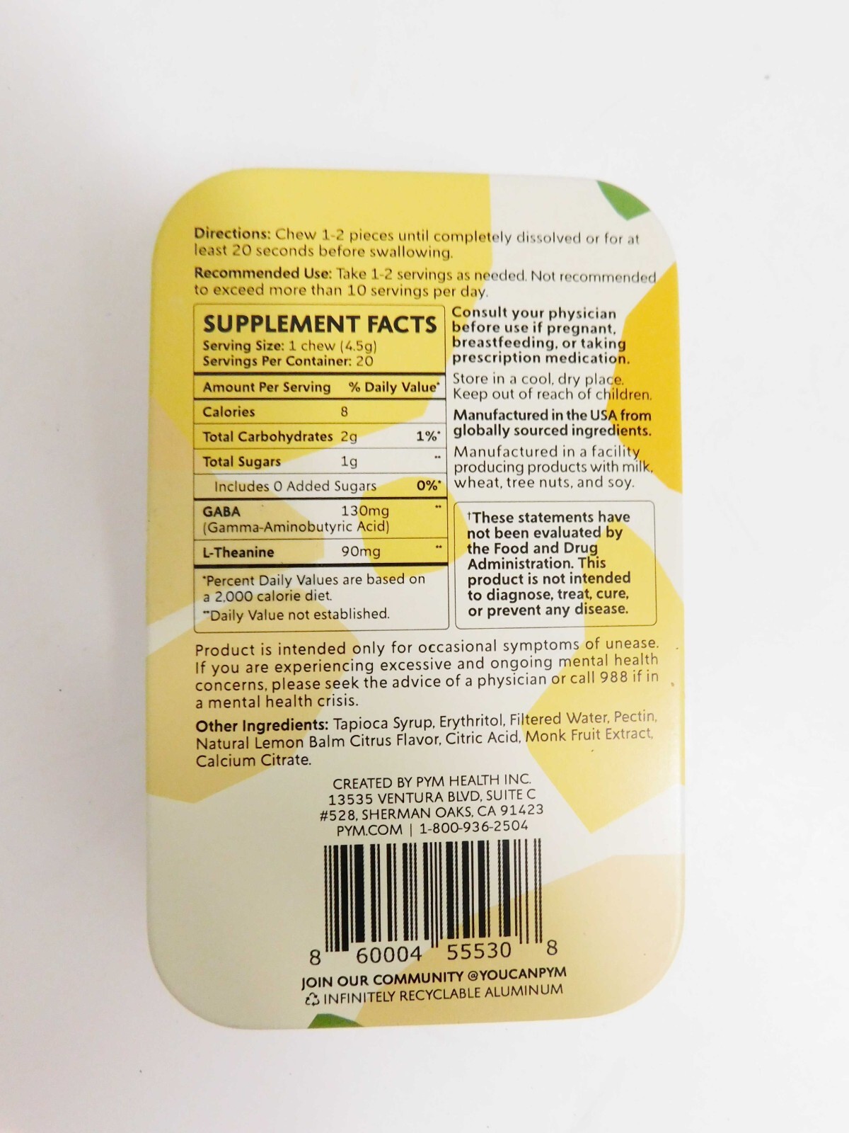PYM Citrus Mood Chews Dietary Supplement, 20 Count, Exp. 10/2026