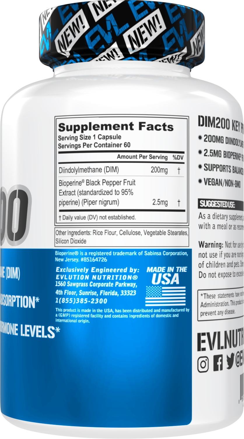 Evlution Nutrition DIM 200 – Diindolylmethane with BioPerine – 60 Servings