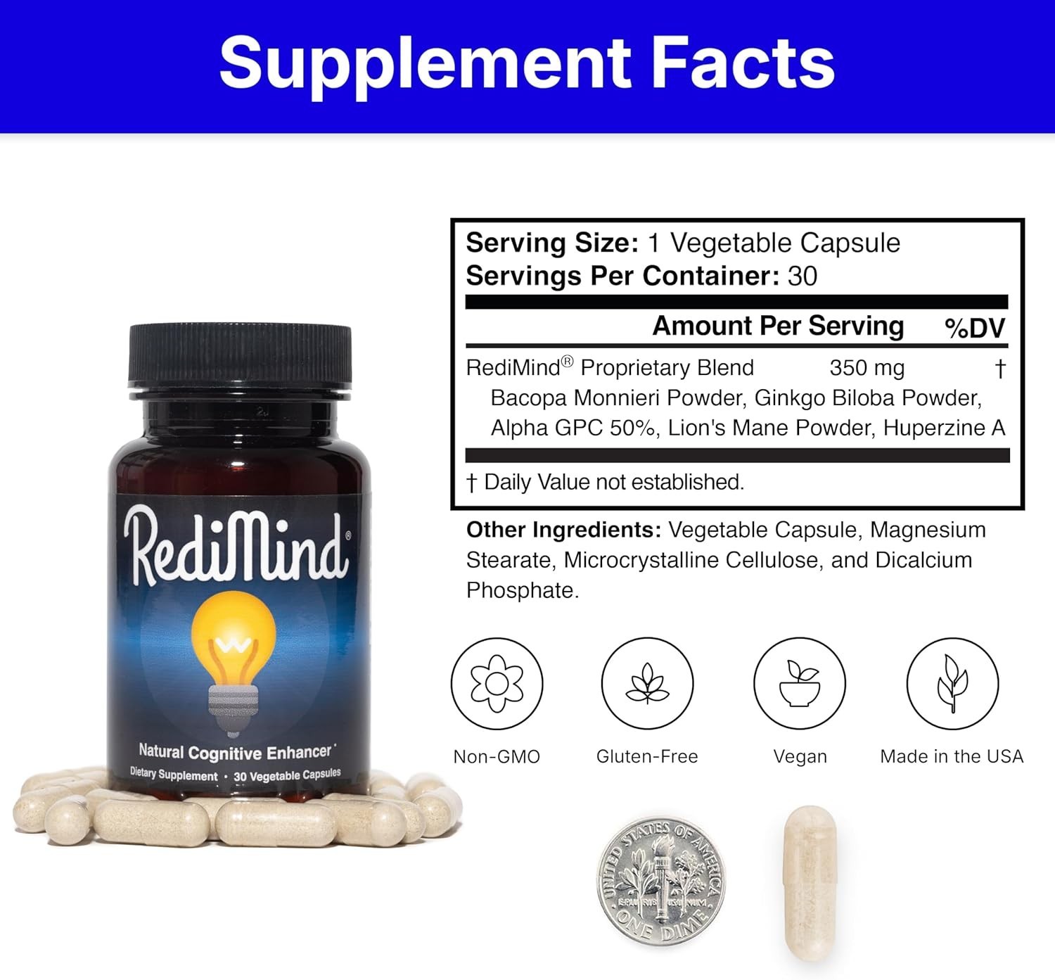 RediMind Natural Cognitive Support Supplement 30 Caps – Focus & Memory Formula