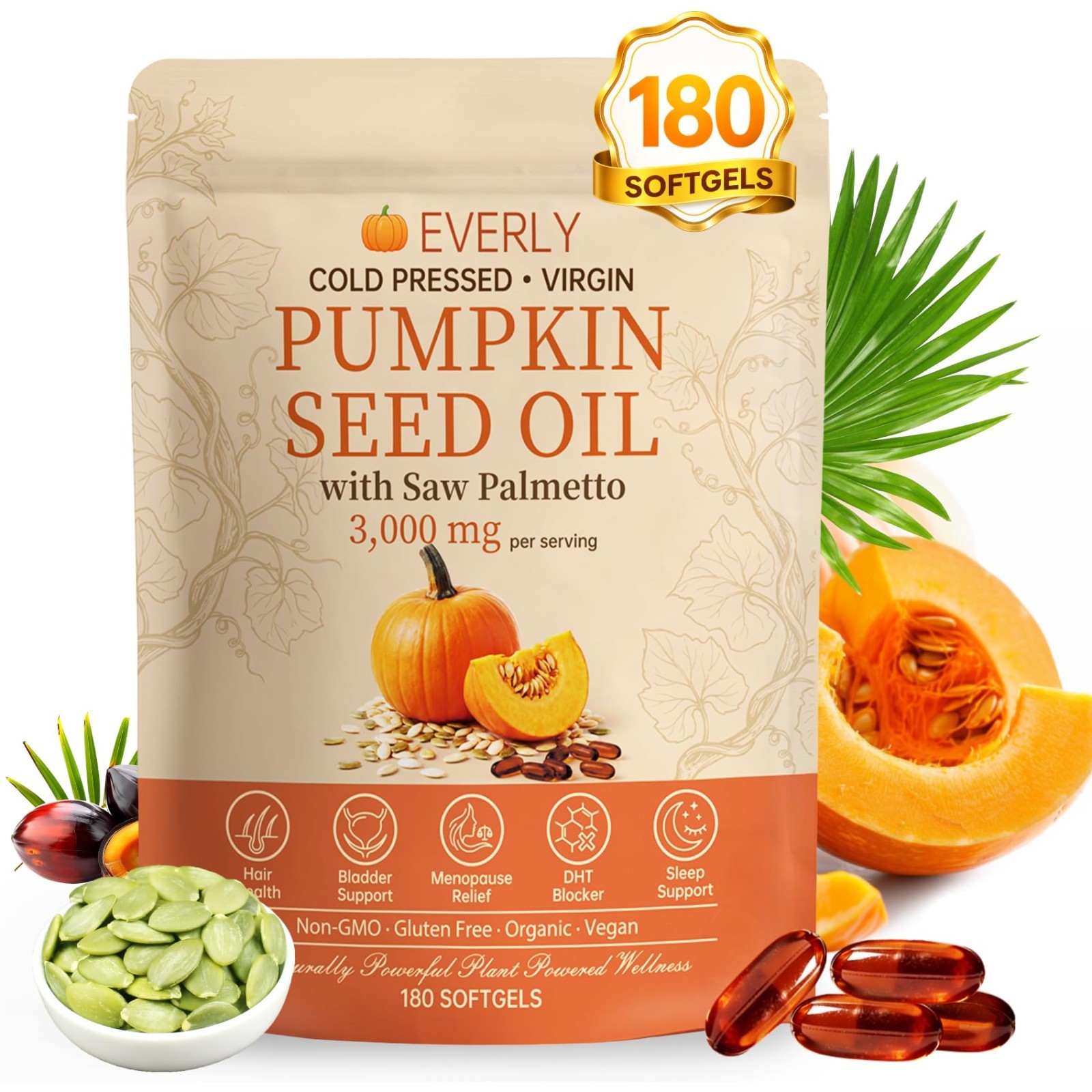 3000mg Saw Palmetto Softgels for Hair & Prostate Health – 180 Cold Pressed Capsu