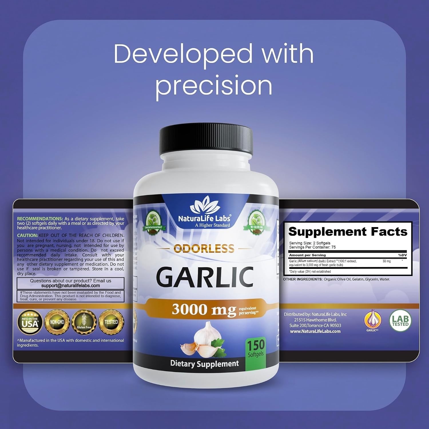Pure Odorless Garlic with Organic Olive Oil – 150 Softgels, Gluten-Free Formula