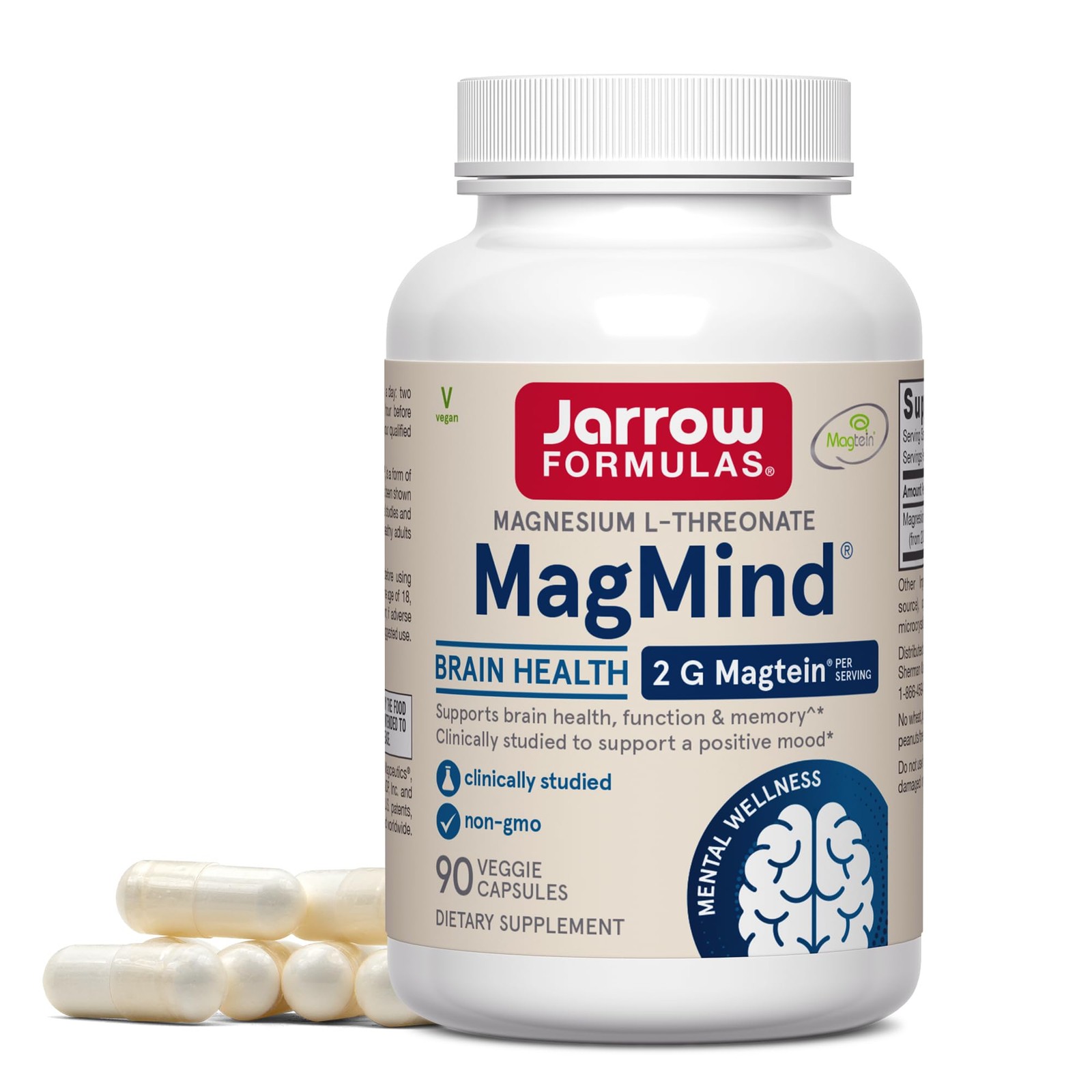 Jarrow Formulas Magnesium L-Threonate, MagMind 90 Count (Pack of 1), White