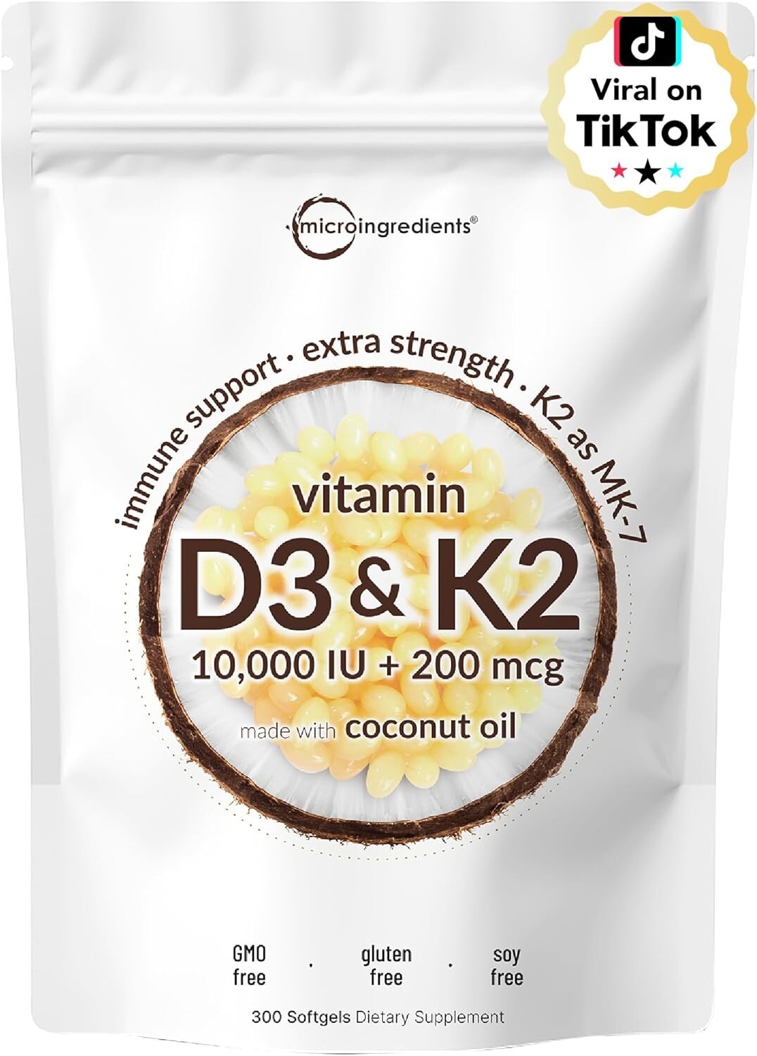 Easy-to-Swallow Coconut Oil Softgels: 2-in-1 D3 10,000 IU & K2 200 mcg Nutrition