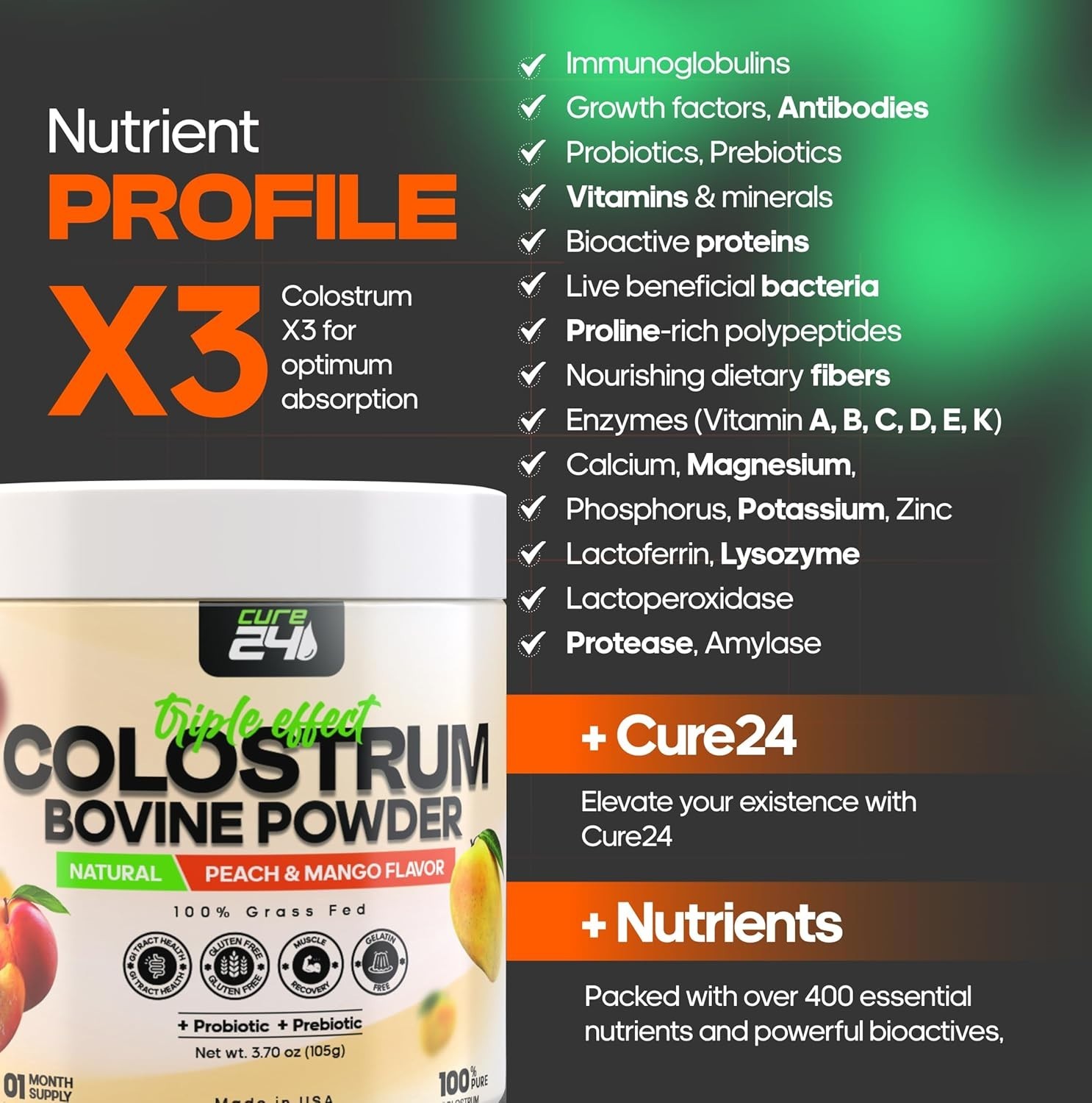 Bovine X3 Colostrum Supplement Powder for Humans, 100% Pure Whole Natural Grass