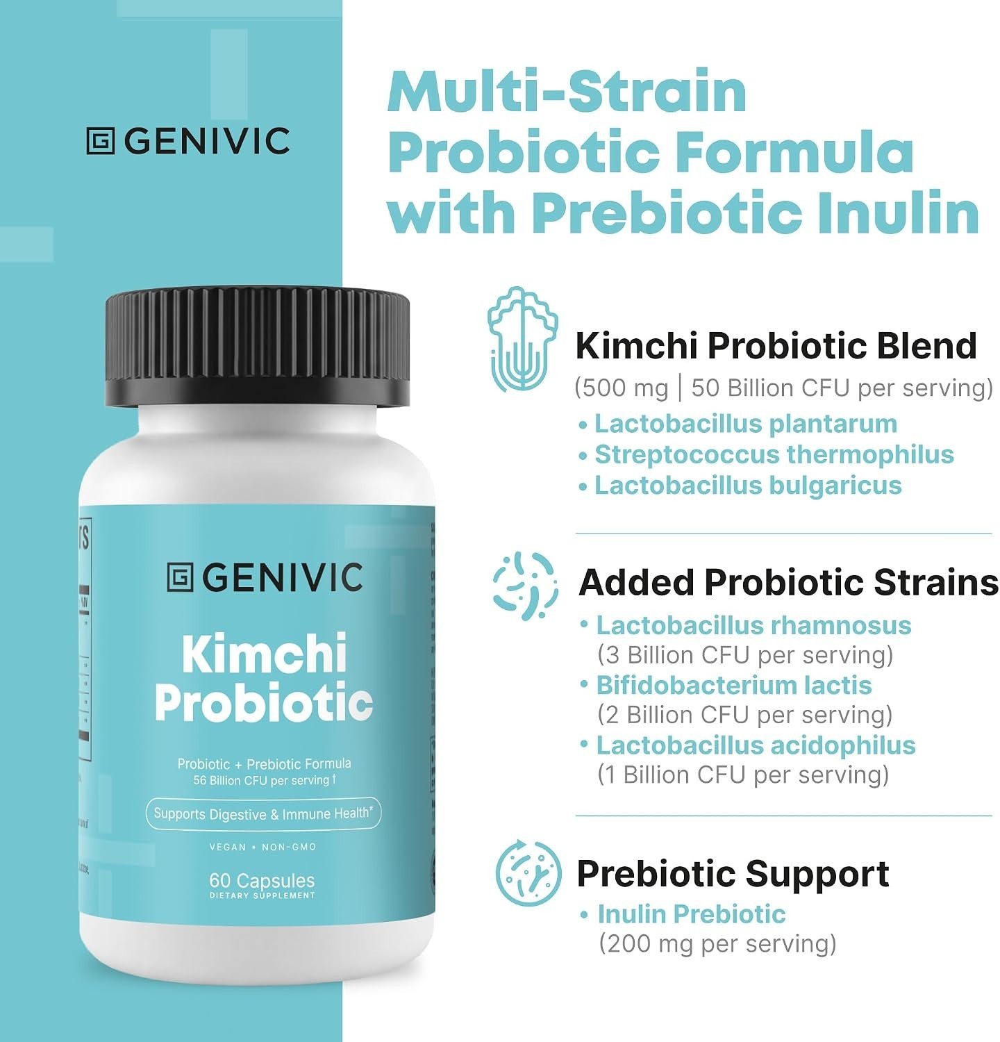 Kimchi Probiotic Capsules Supplement – 50 Billion CFU Blend for Gut Health