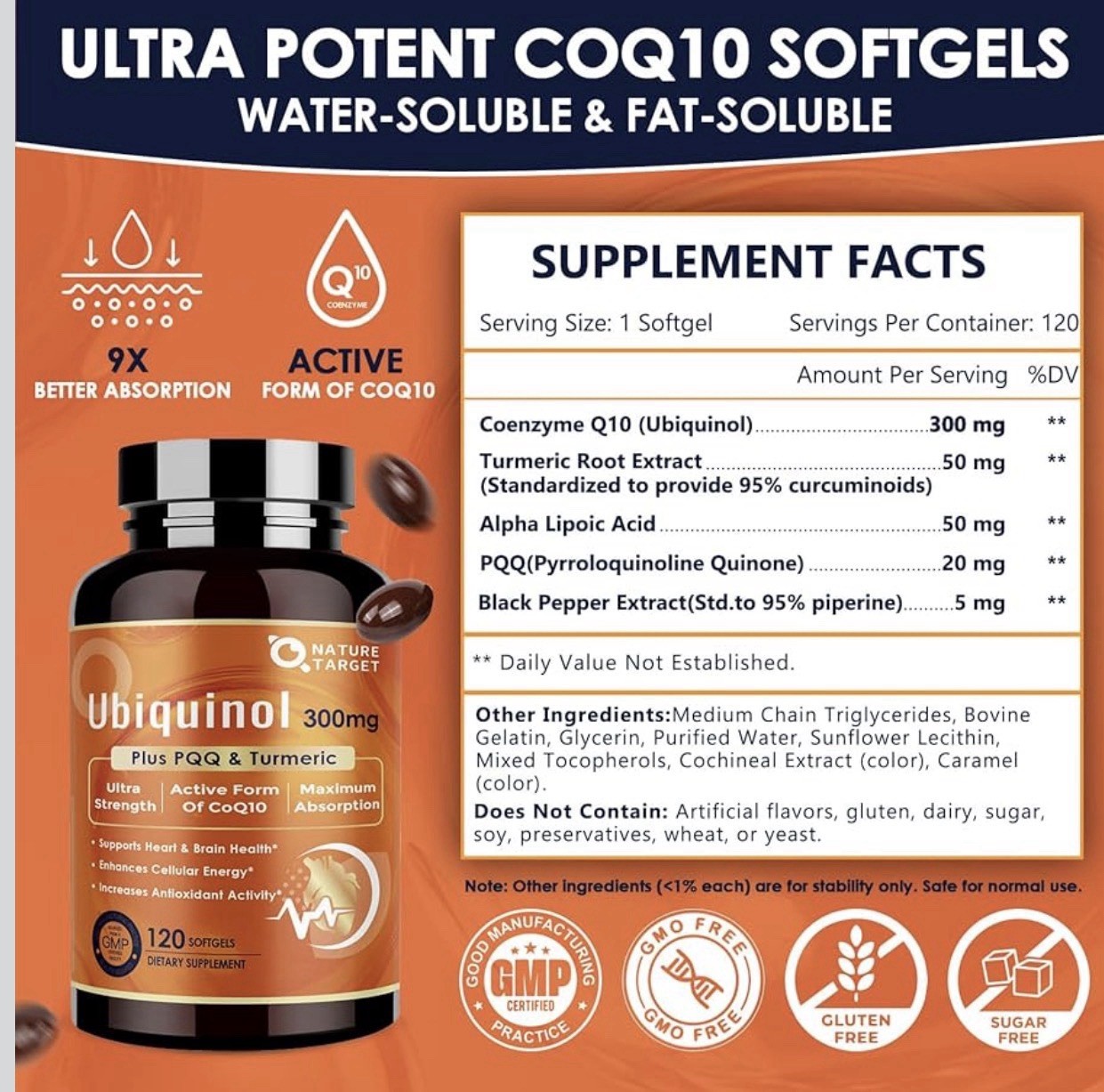 Ubiquinol CoQ10 300mg Softgels for Heart Health & Energy, 120 Count