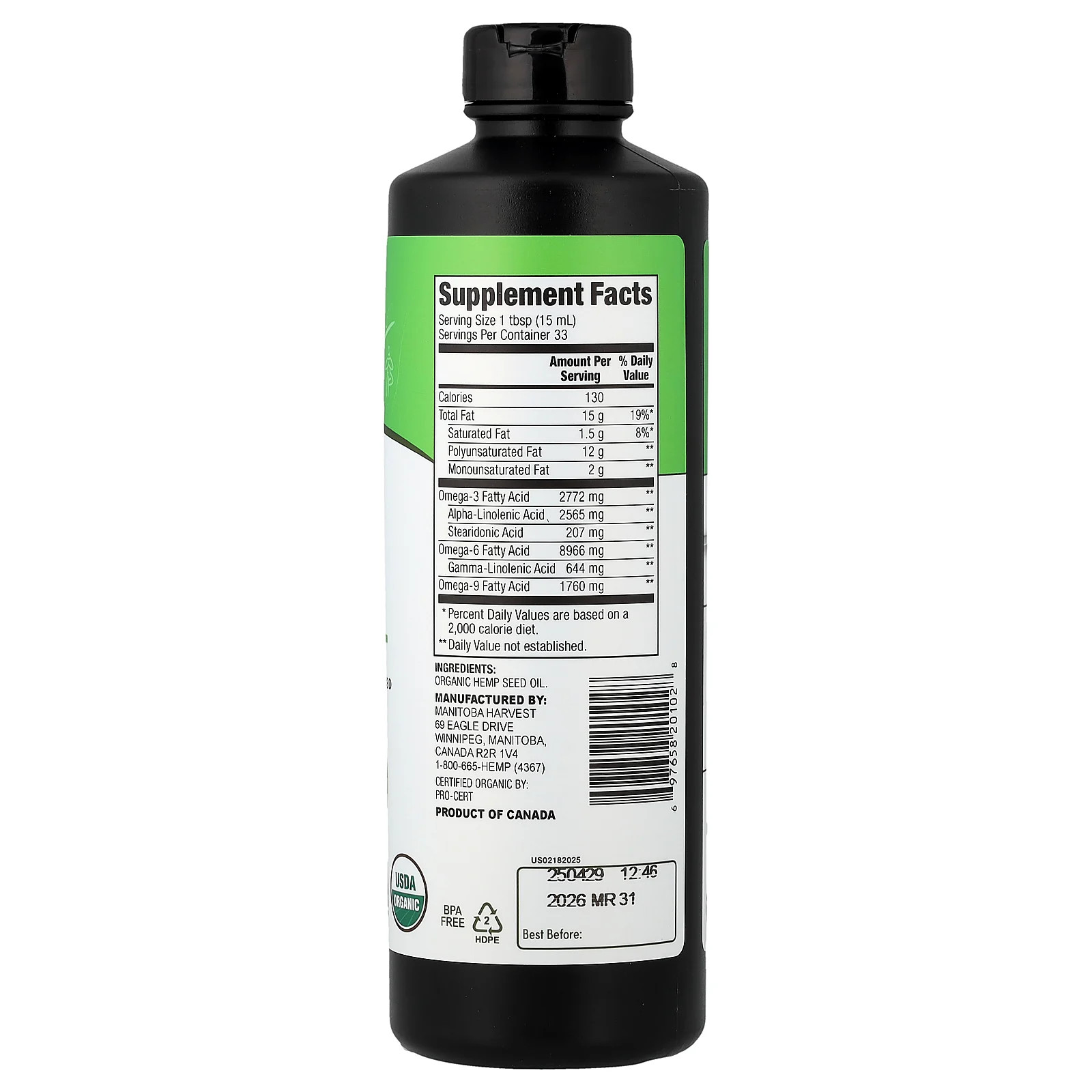 Manitoba Harvest Certified Organic Hemp Oil 16 9 fl oz 500 ml Kosher, Non-GMO,