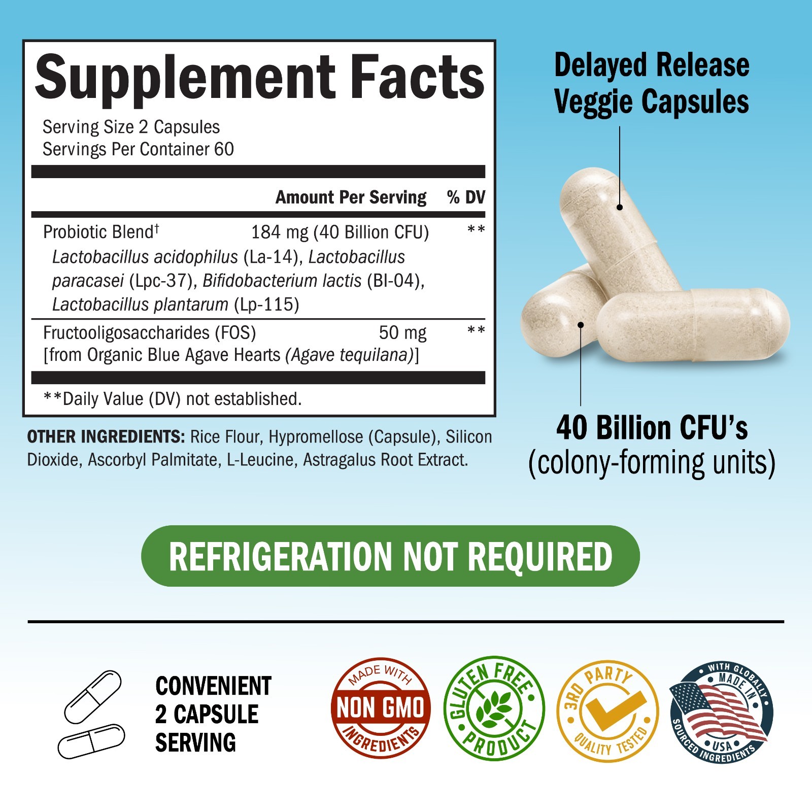 Daily Probiotic Supplement 40 Billion CFU Gut Health Complex w/ Astragalus 120ct