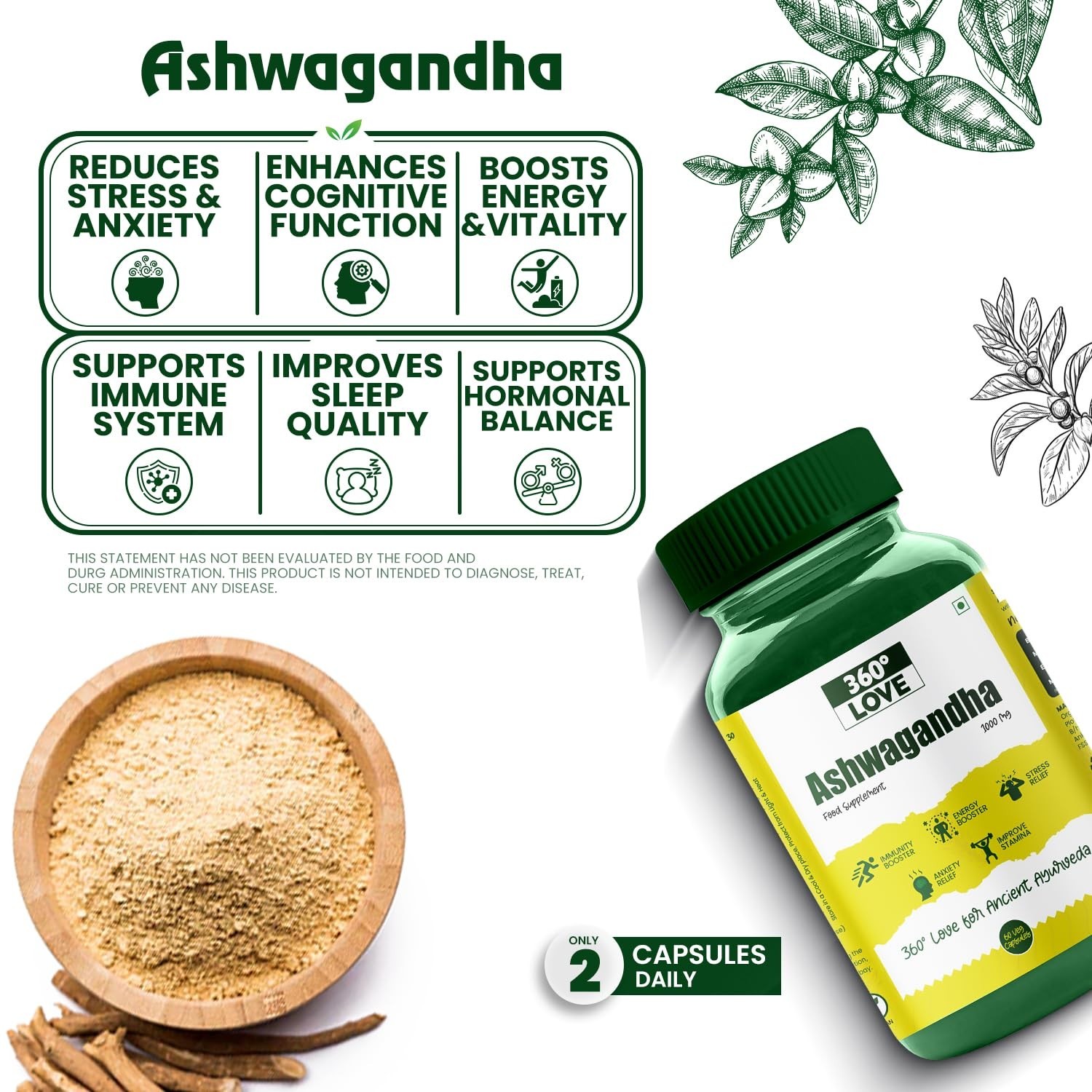 360 .Love Ashwagandha 1000mg Veg Caps 60 Count