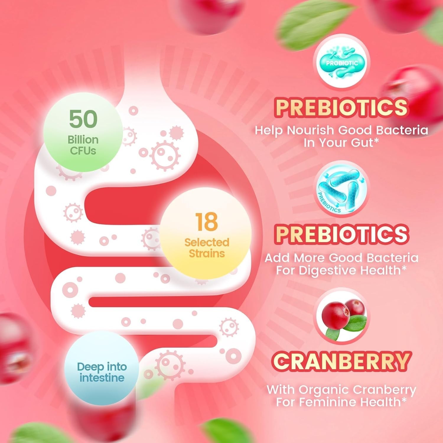 2PCS Vaginal Probiotic Health Gummies Women pH Balance Yeast Flora Cranberry