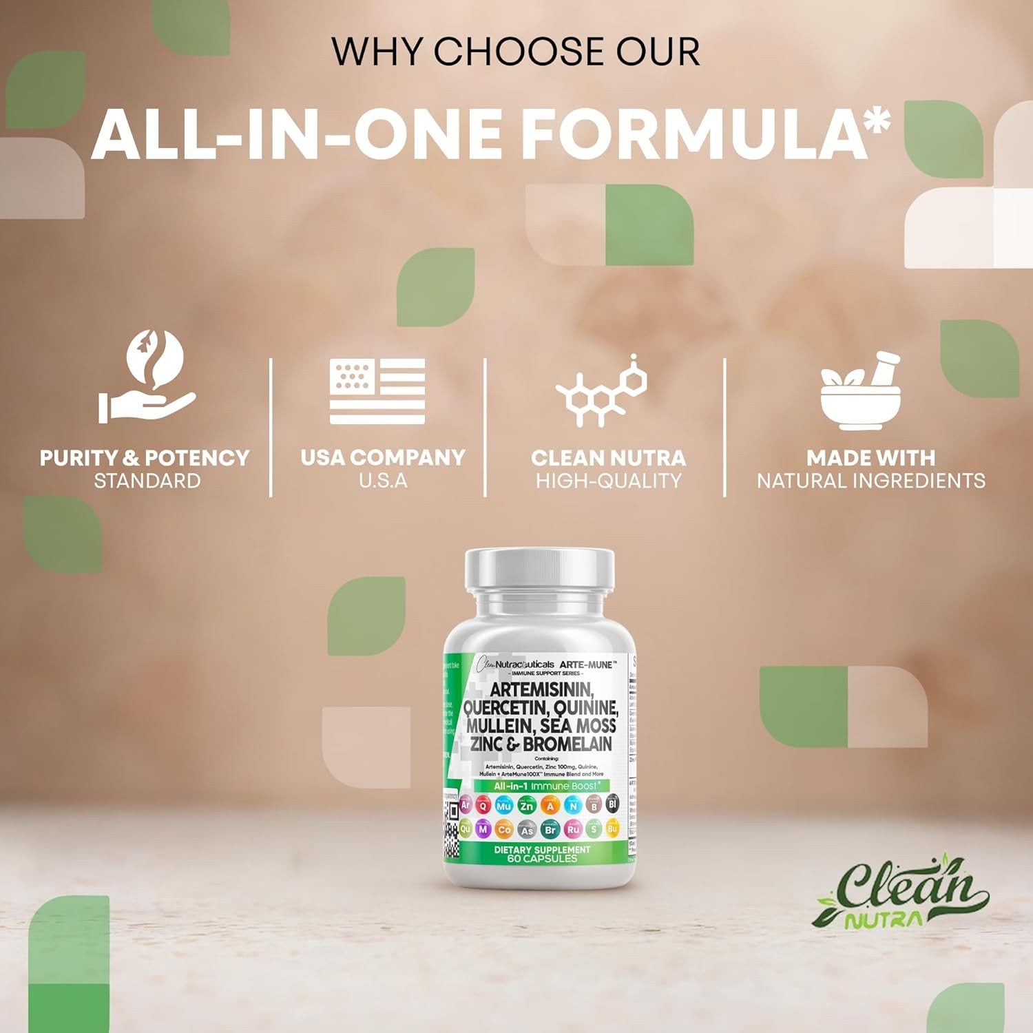 Clean Nutraceuticals Artemisinin Quercetin Zinc Mullein Quinine Supplement with