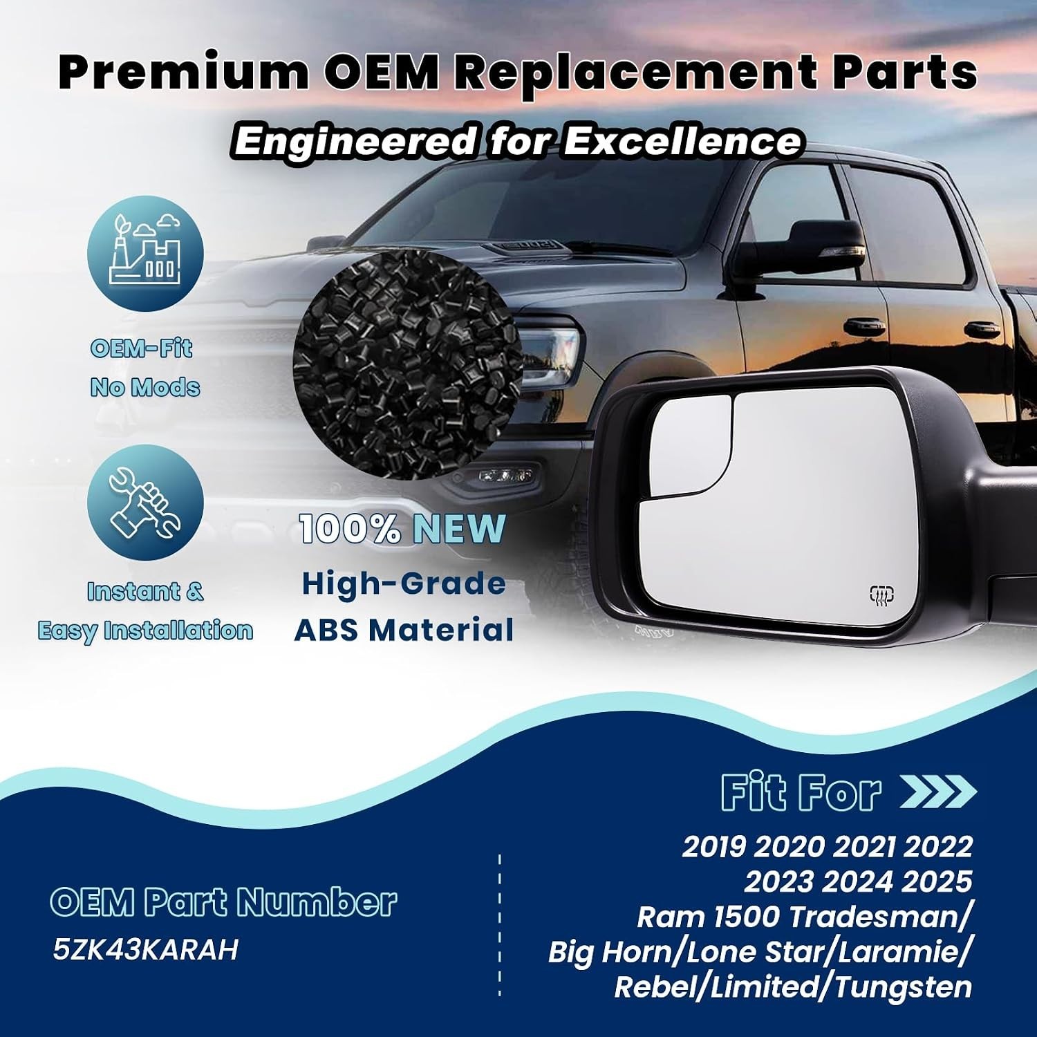 Left Driver Side Mirror for 2019-2025 Ram 1500 with Manual Folding/Heated/Power