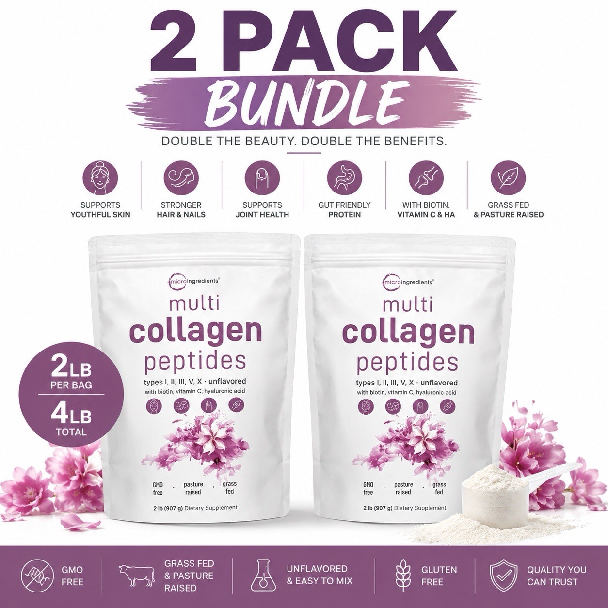 2 Pack Huge Micro ingredient collagen peptides powder 2 lb Bags Bundle Deal