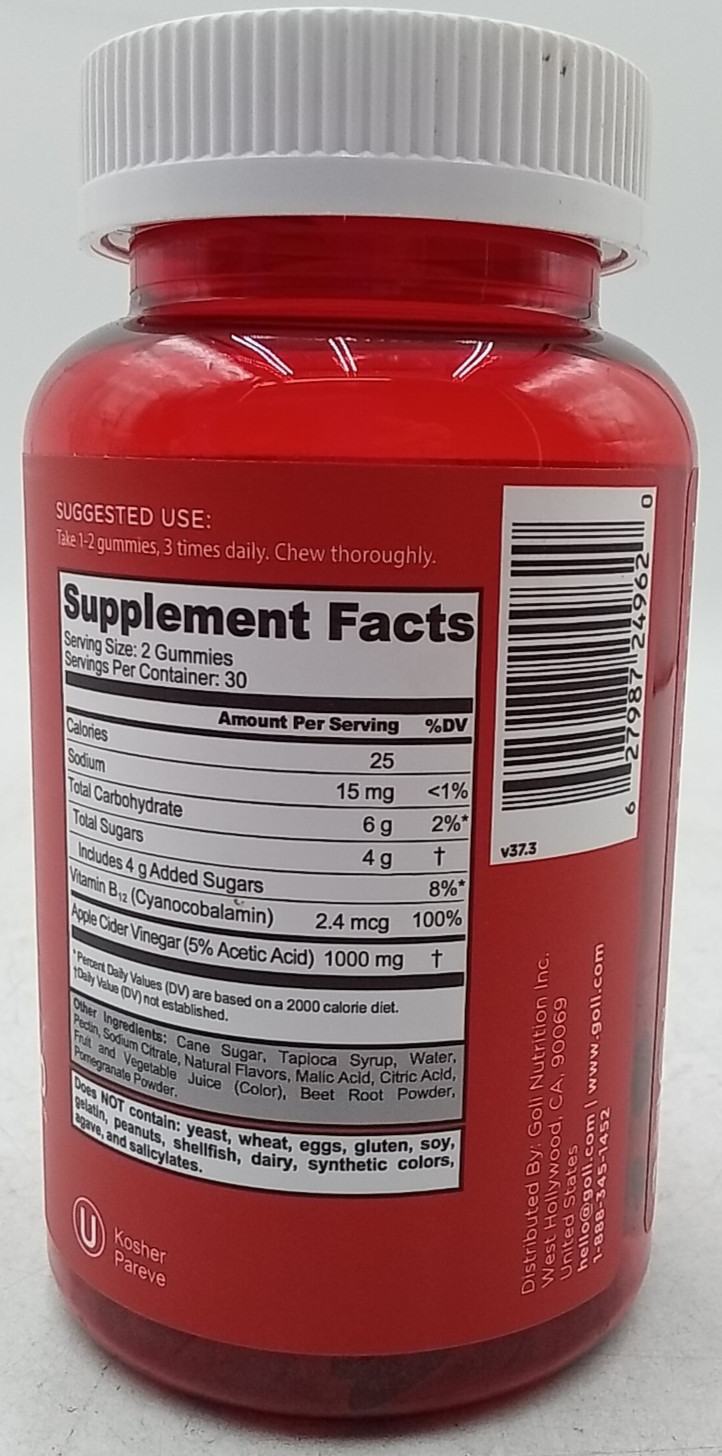 Goli Nutrition Apple Cider Vinegar Gummies 60 Count Exp 6/27