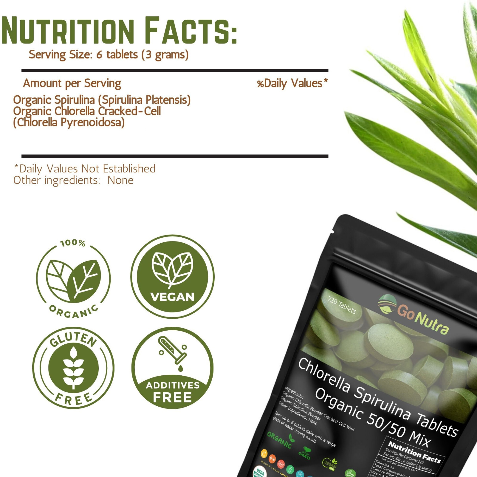 Organic Chlorella Spirulina Tablets 50/50 Mix, 500mg, 720 count, 4 month supply