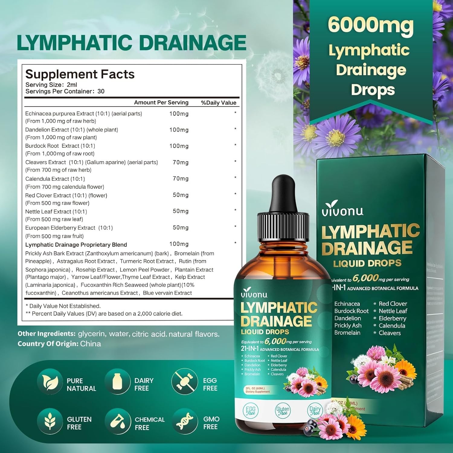 21-in-1 Lymphatic Drainage Drops for Liposomal, 6000mg Immune & Lymph System